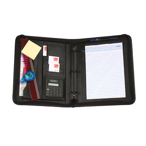 The black Marbig R90076 attache open, with a three ring binder in the centre, a calculator and business cards on the left and a lined pad on the right