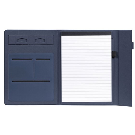 The navy blue Marbig 9000844 compendium opened flat, with empty pouches on the left panel, a lined A4 pad on the right and a black pen loop on the edge