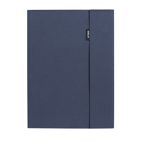 The navy blue fabric cover of the Marbig 9000844 compendium closed, with a vertical flap running down the front
