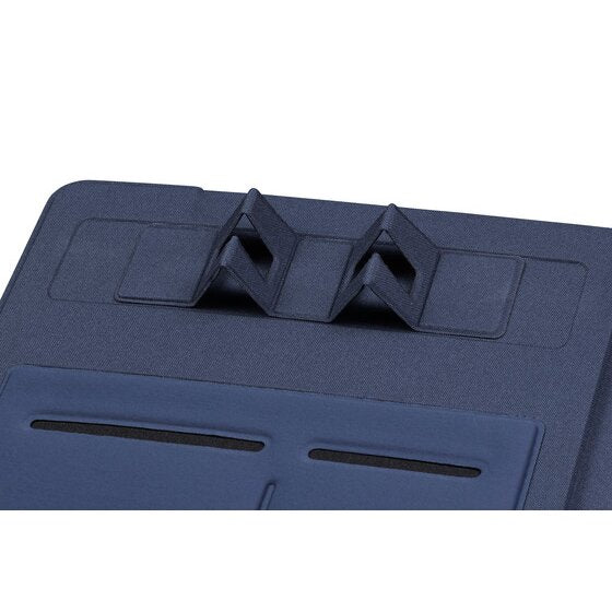 Close up of the fold out phone stand raised on the inside panel of the navy blue Marbig 9000844 compendium