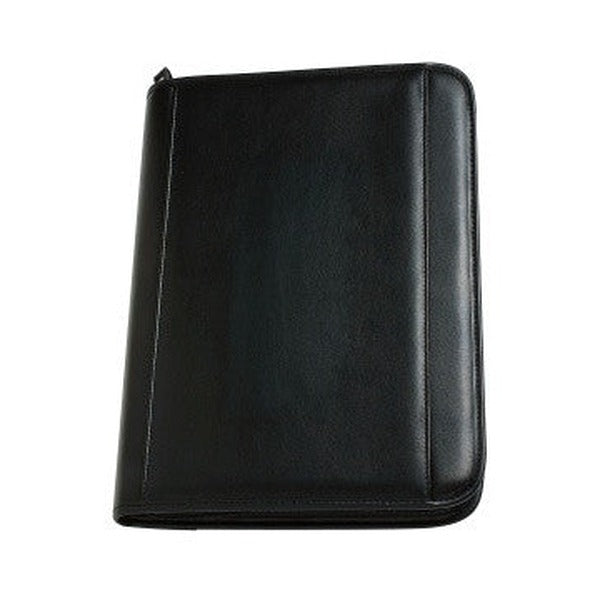 The black Marbig R90087 pad holder closed, seen from the front at an angle with the zip running around the edge