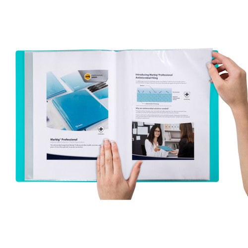 Hand turning a clear pocket in the open blue Marbig Professional display book, with a sample insert page behind it