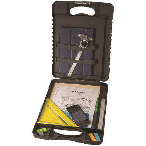 Marbig heavy duty clipboard case 8331501 opened, with a tablet and a set of calipers held by two bands in the lid, and a drawing, a phone, a set square and a ruler in the base