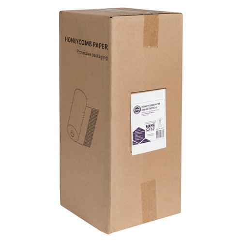 Upright brown shipping carton for the Marbig Professional honeycomb paper 250 metre roll with the product label on the side