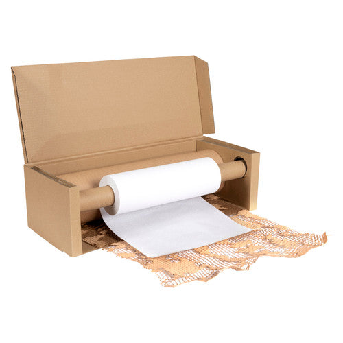 Marbig Professional 50995 dispenser box with the lid open, a white lining paper roll on a spindle and brown honeycomb paper feeding out below