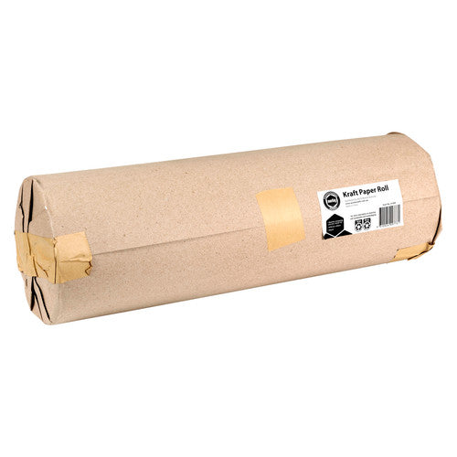Marbig Professional brown kraft paper roll lying on its side, wrapped in kraft with taped ends and a white Kraft Paper Roll label