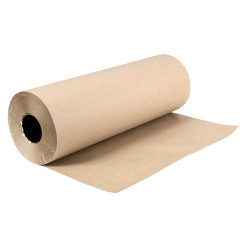 Brown kraft paper roll on its side with a length of paper drawn out forward from the black cardboard core