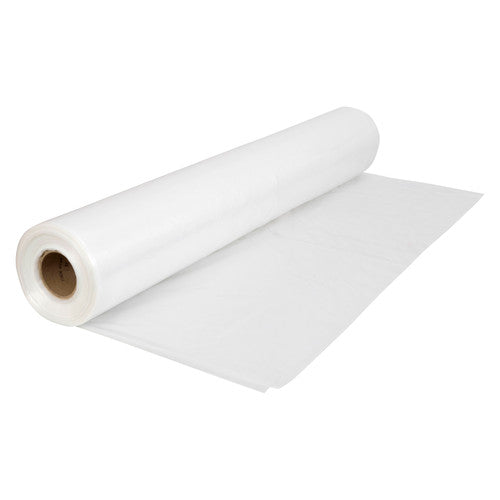 Roll of Marbig Professional clear 90 micron pallet bag film on a brown core with film spread out on a white background