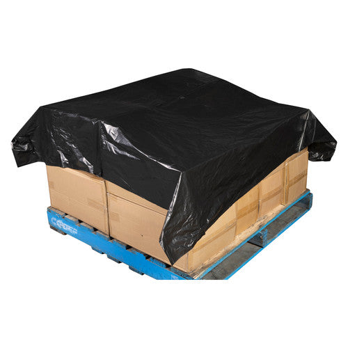 Black Marbig Professional pallet cap draped over the top of stacked cartons on a blue pallet, hiding the top layer