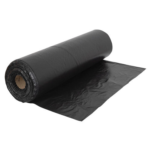 Roll of black 25 micron pallet cap film on a brown core with a creased black sheet drawn out in front