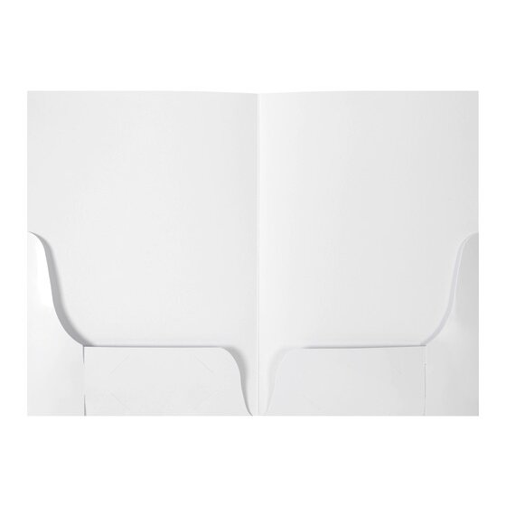 Marbig 1104108 white gloss A4 presentation folder opened flat, showing a curved pocket on each inside panel