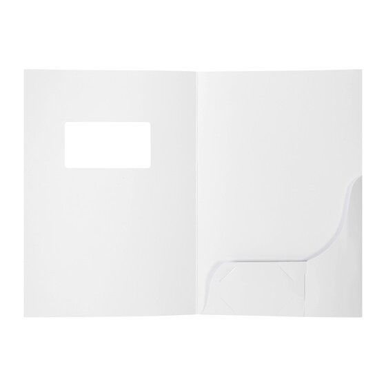 Marbig 1104208 white gloss A4 folder opened flat, with a rectangular window cut into the front cover and a pocket on the inside right