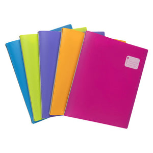 Five Marbig A4 refillable display books from pack 2002699A fanned out on a white background in blue, lime, purple, orange and pink, the front book showing the white ruled identification block in the top right corner