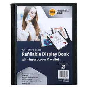 Marbig 2003202 retail pack in dark blue with the marbig PROFESSIONAL SERIES logo, reading A4 20 Pockets Refillable Display Book with insert cover and wallet, and a photograph of the book open with its internal wallet