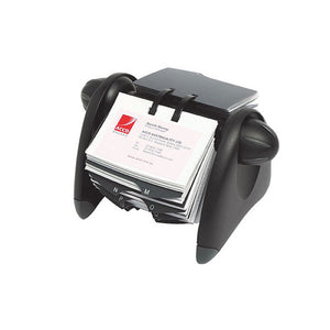 Marbig Professional 39221 black rotary business card file with round side knobs, a card in a clear sleeve on twin rails and grey lettered index dividers