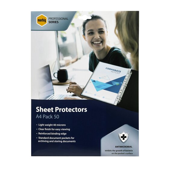Marbig Professional Series sheet protector pack, A4 Pack 50, listing light weight 40 microns, clear finish and reinforced binding edge, with an ANTIMICROBIAL panel