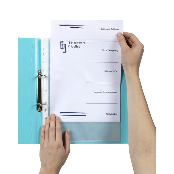 Hands sliding a printed A4 price list into a clear Marbig Professional sheet protector held in a light blue two ring binder