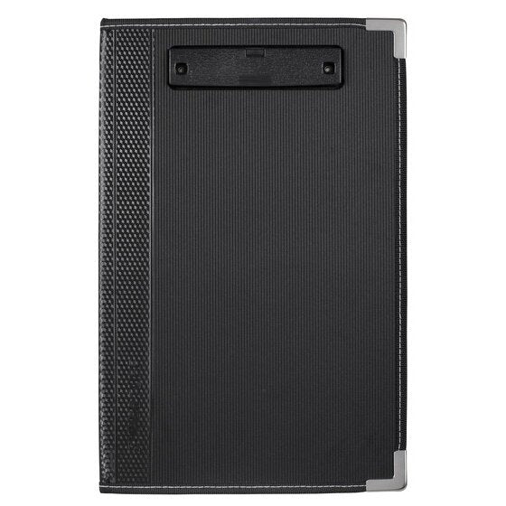 Marbig Professional Supertuff clipfolder closed, black PVC cover with a textured spine strip, stitched edge and silver metal corners