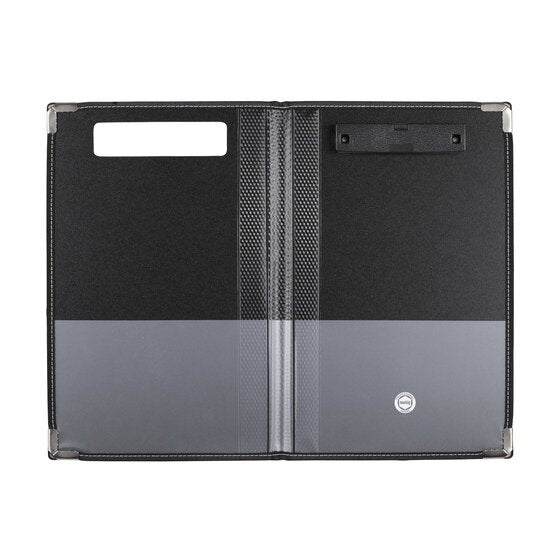 Marbig Supertuff clipfolder opened flat showing a black clip on the right inside cover, clear pockets and silver corners