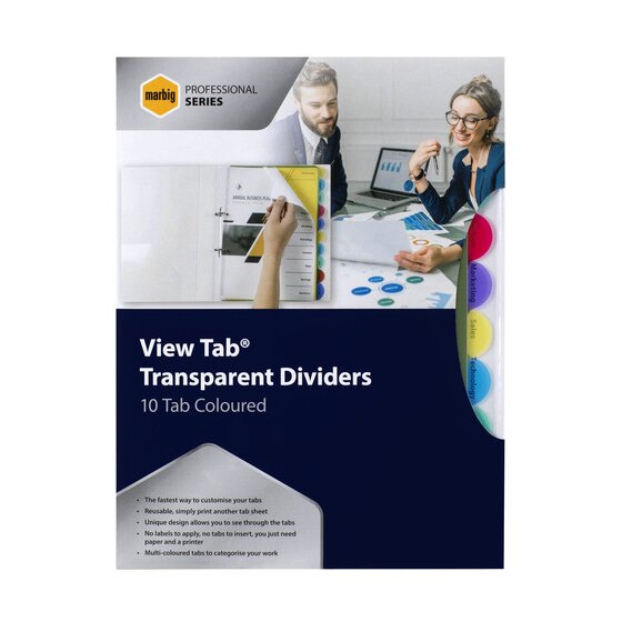 Marbig Professional Series View Tab Transparent Dividers 10 Tab Coloured pack in navy and grey with a feature list