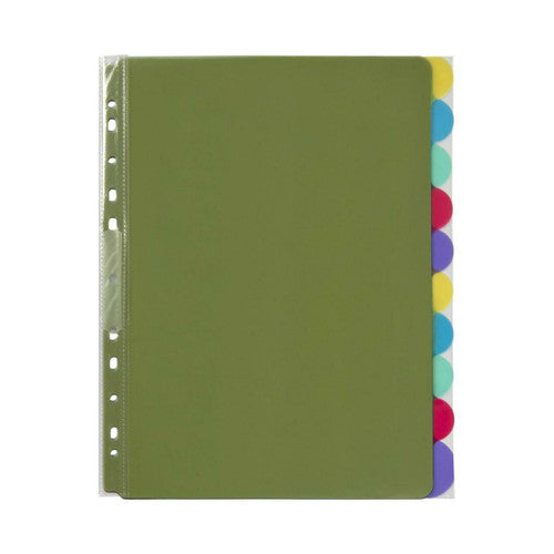 Marbig Professional 37840 extra wide View Tab divider set with 10 round coloured tabs, shown with a green sheet in a punched sheet protector