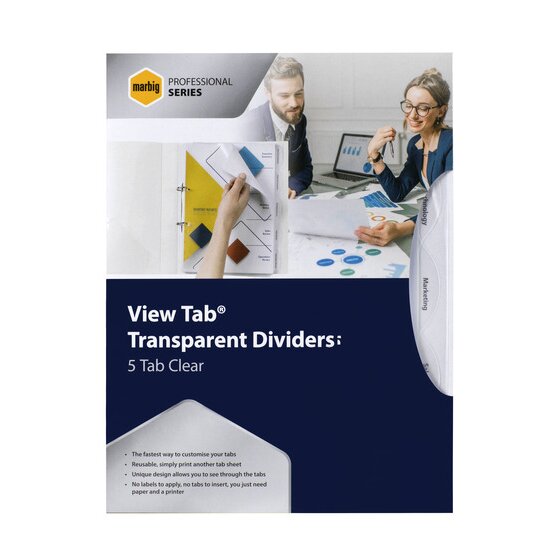 Marbig Professional Series View Tab Transparent Dividers 5 Tab Clear pack in navy and grey with the feature list