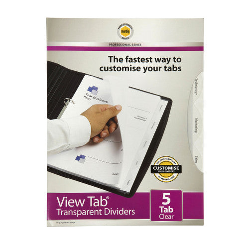 Earlier Marbig Professional Series View Tab 5 Tab Clear pack showing a hand turning a clear tab in a black binder