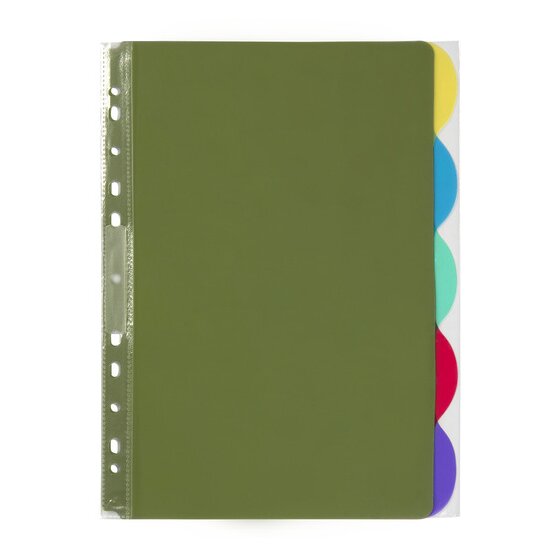 Marbig Professional 37835 View Tab divider set with five round transparent tabs in yellow, blue, mint, red and purple beside a green sheet