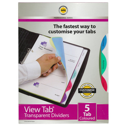Earlier Marbig View Tab Transparent Dividers 5 Tab Coloured pack in pink and silver, headed The fastest way to customise your tabs