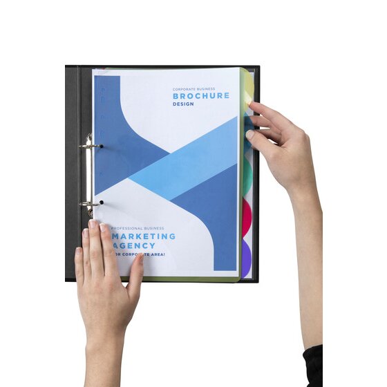 Hands turning a printed brochure in a black A4 ring binder with coloured View Tab dividers at the right edge