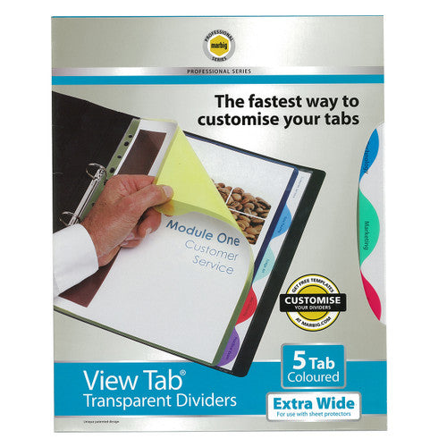 Earlier Marbig View Tab Transparent Dividers pack, 5 Tab Coloured, Extra Wide, labelled for use with sheet protectors