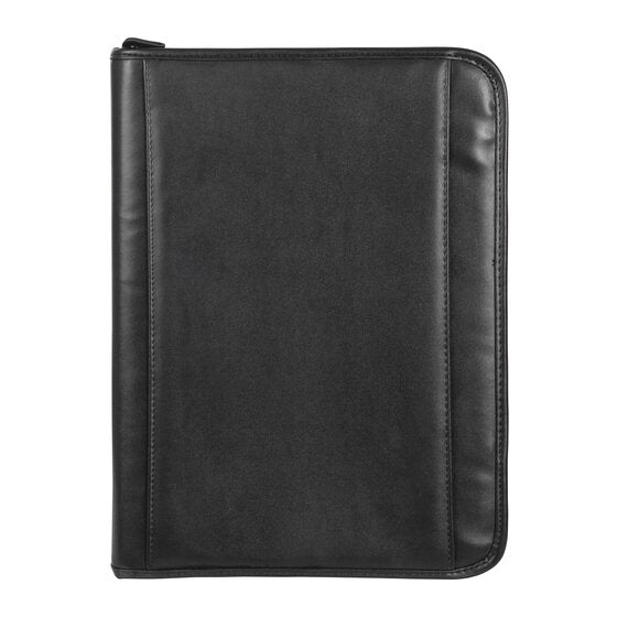 Front view of the closed black Marbig R90087 pad holder with stitched edges and the zip pull at the top corner