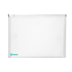 Empty Marbig Professional 2015301 clear A4 zip wallet on white, with the zip slider top left and an ANTIMICROBIAL shield mark lower left