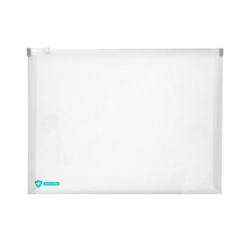 Empty Marbig Professional 2015301 clear A4 zip wallet on white, with the zip slider top left and an ANTIMICROBIAL shield mark lower left