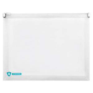Empty Marbig Professional 2015401 clear A5 zip wallet on white, with the slider on the top edge and an ANTIMICROBIAL shield mark lower left
