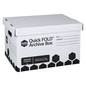 Marbig Quick FOLD archive box in white with black hexagon print, lid on, Medium Strength panel reading stacks up to 7 high and maximum load 30kg