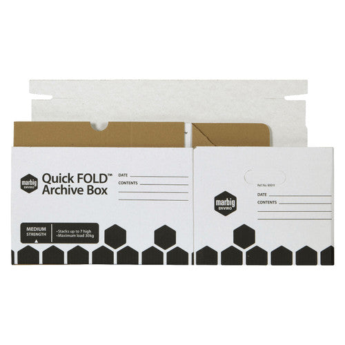 Marbig Quick FOLD archive box part assembled, base flaps folding in from the flat white blank