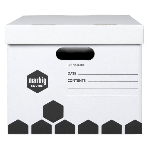 End panel of a Marbig white archive box with a hand hole, Ref No 80011 and ruled date and contents lines