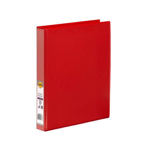 Red Marbig Clearview insert binder standing at an angle, 25mm spine carrying the marbig label, barcode and clear overlay