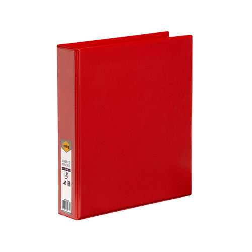 Red Marbig Clearview 38mm insert binder standing at an angle with the marbig retail label on the spine