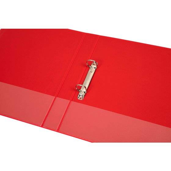 Red Marbig Clearview binder opened out flat with two metal D rings on a rail inside the back cover and a clear lower panel