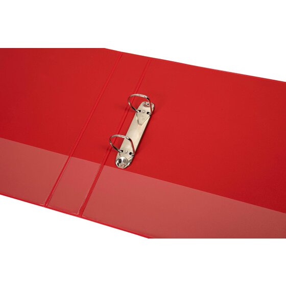 Red Marbig 5412003B binder lying open with two metal D rings on a rail fixed inside the back cover