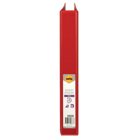 Red spine of Marbig 5402003B, label reading INSERT BINDER, 25mm, 2 RING, A4 200 SHEETS and Made in China above the barcode