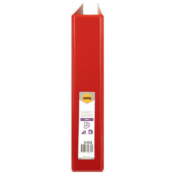 Red spine of Marbig 5412003B standing upright with a white marbig label reading INSERT BINDER, 38mm and 2 RING