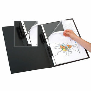 Marbig A3 refillable display book 2003402 shown open with clear A3 pockets lifted on the black clip spine and a printed diagram visible in one of the pockets.