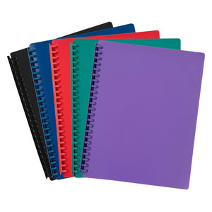 Twelve pack Marbig refillable display book 2007099 shown as a fan of five A4 covers in black, blue, red, green and purple, each with a matching coloured spiral spine.