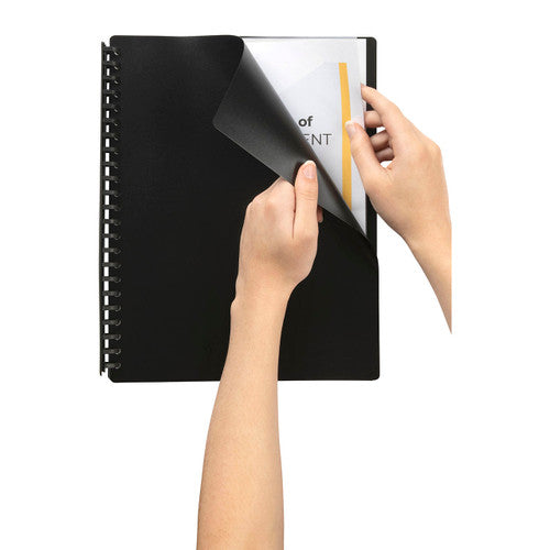 Side profile of Marbig A4 black display book showing spine and pocket depth