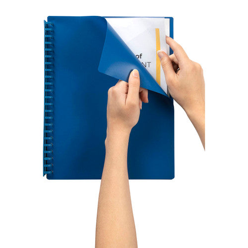 Side view of blue Marbig display book spine and pocket detail