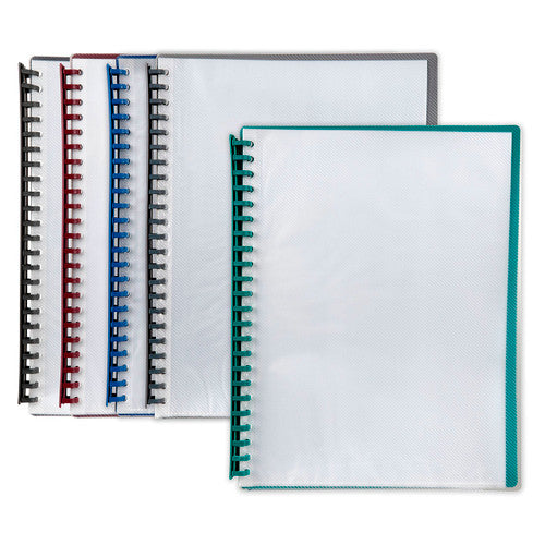 Marbig Refillable Display Book 20 Pocket A4 showing clear front cover and assorted coloured back covers