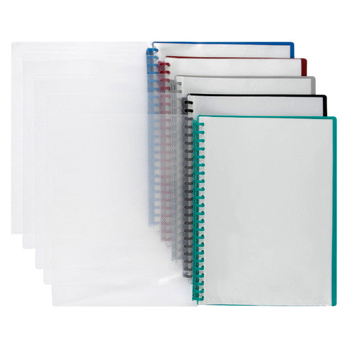 Close-up of clear pocket pages inside Marbig A4 display book holding documents